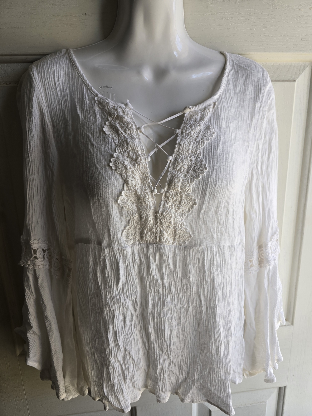 Divided White Lace-Up Crochet Peasant Tunic